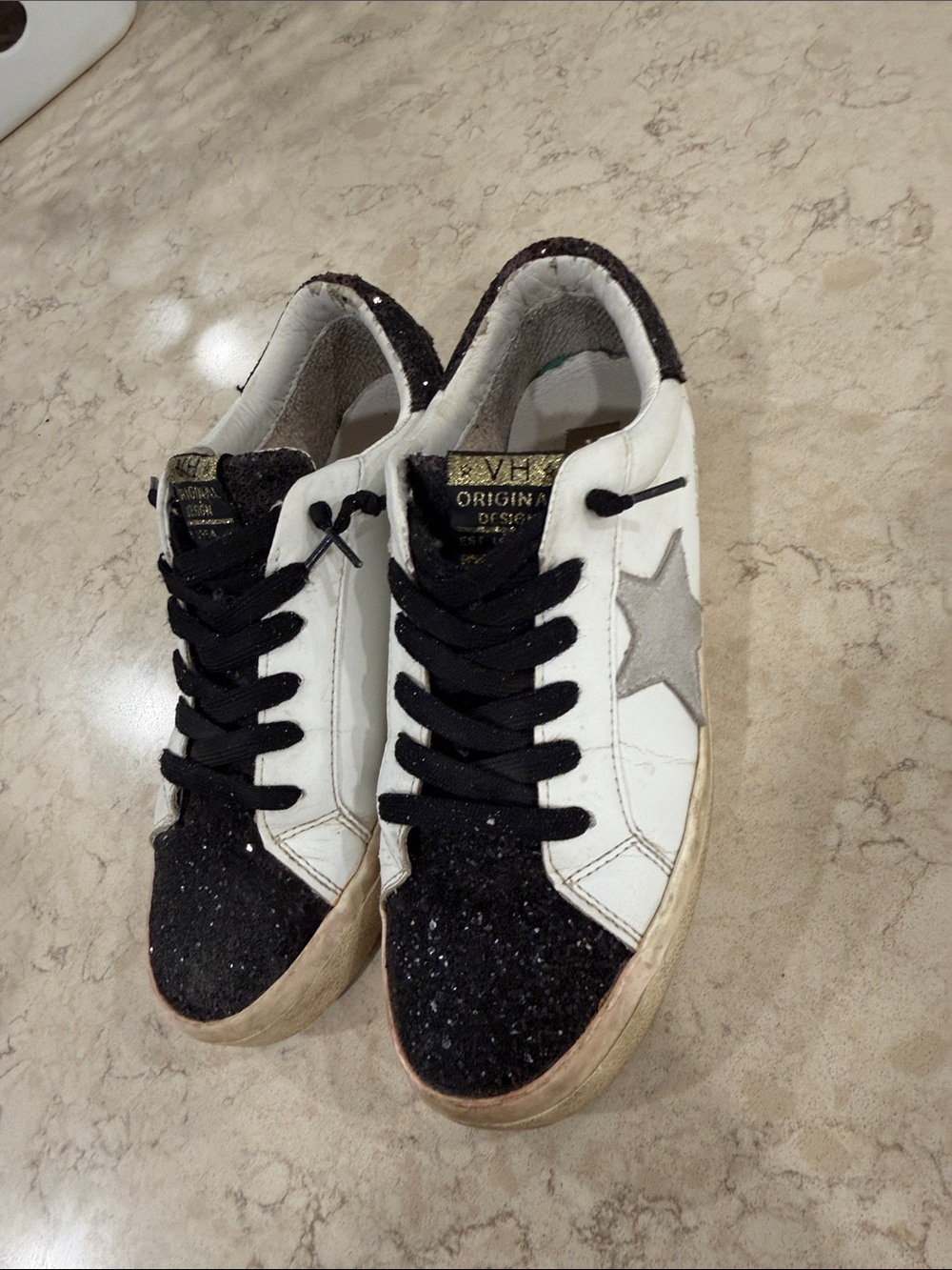 VM White Sneakers with Black Glitter Toe and Gray Star